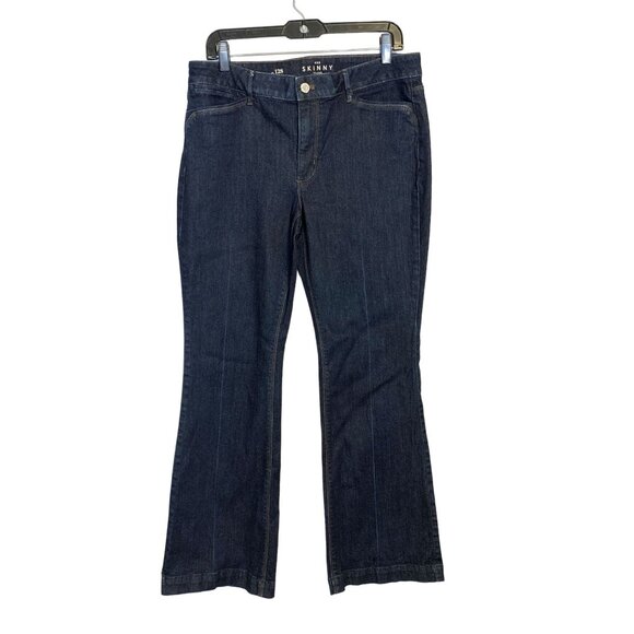 WHBM Women's Mid Rise Dark Wash The Skinny Flare Curvy Blue Denim Jeans Size 12S - Picture 1 of 9